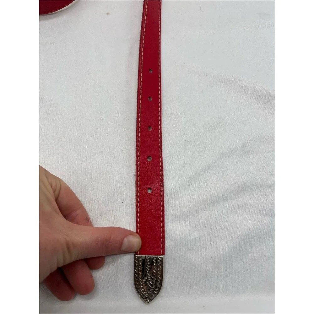 Red Genuine Leather Skinny Belt with Silver Toned Metal Buckle